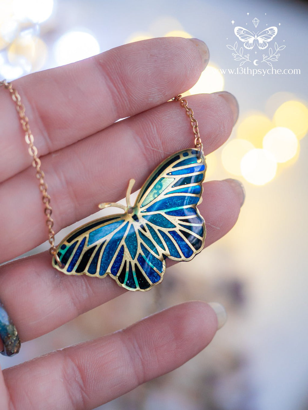 Handmade Blue butterfly choker necklace, Stained glass inspired - 13th Psyche