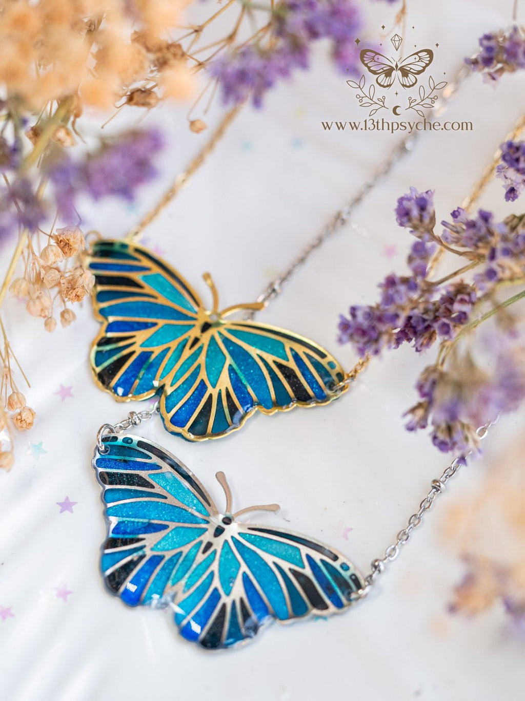 Handmade Blue butterfly choker necklace, Stained glass inspired - 13th Psyche