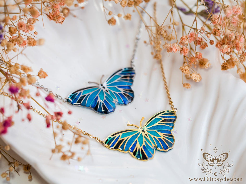 Handmade Blue butterfly choker necklace, Stained glass inspired - 13th Psyche