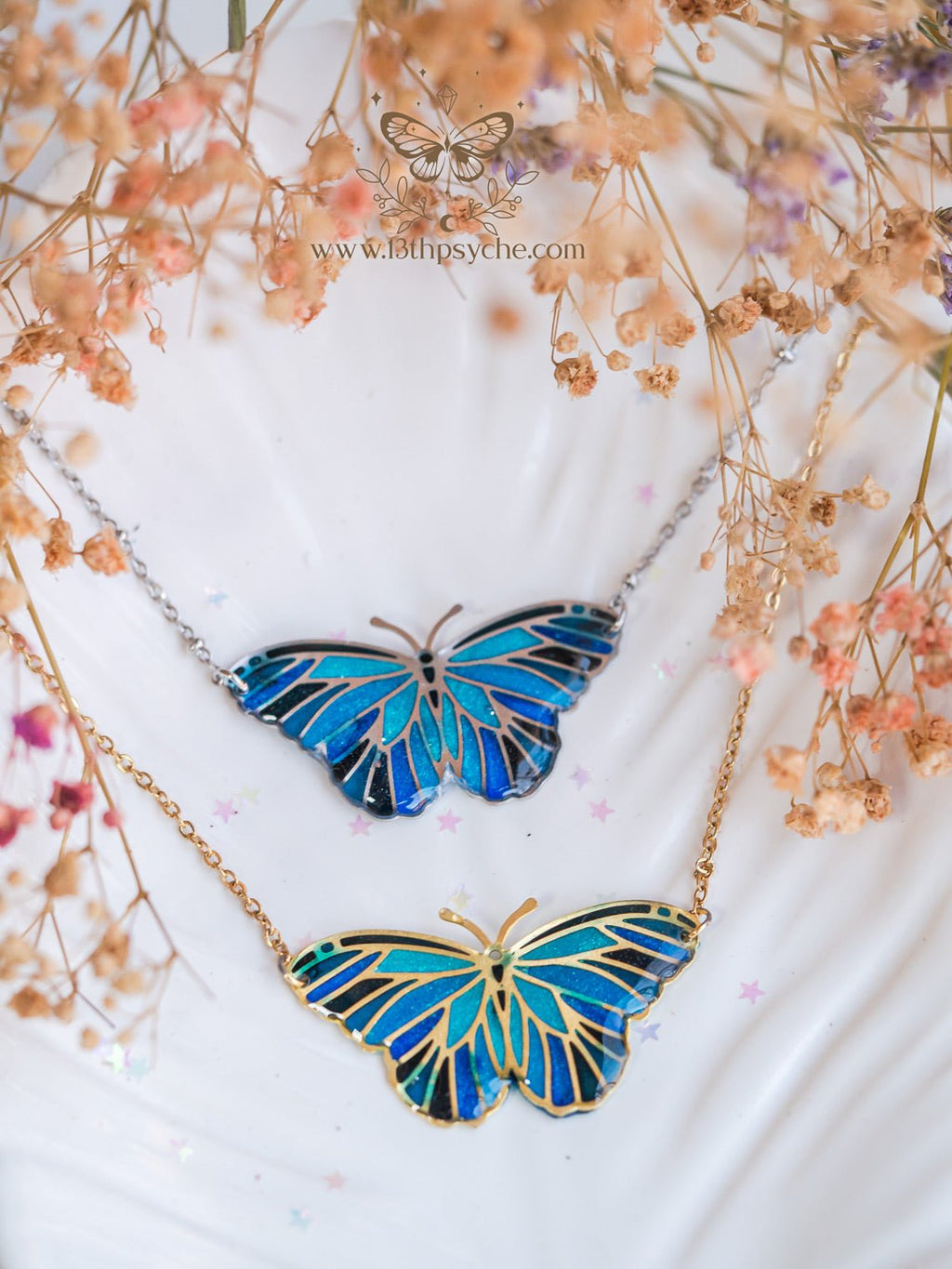 Handmade Blue butterfly choker necklace, Stained glass inspired - 13th Psyche