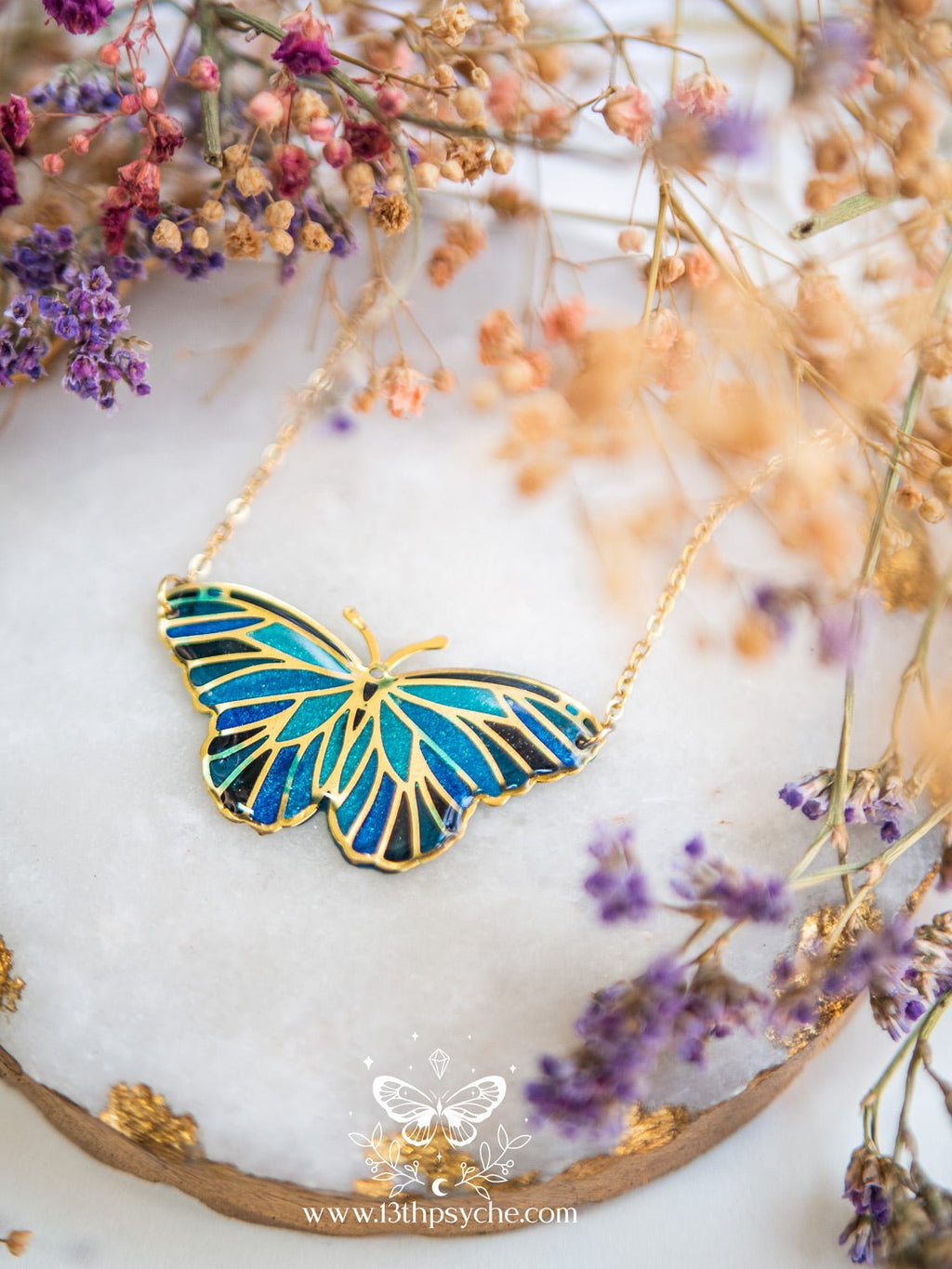Handmade Blue butterfly choker necklace, Stained glass inspired - 13th Psyche