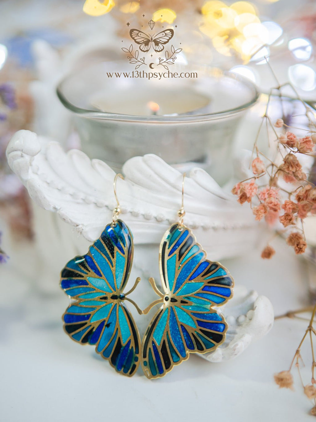 Handmade Blue butterfly earrings,Stained glass inspired - 13th Psyche