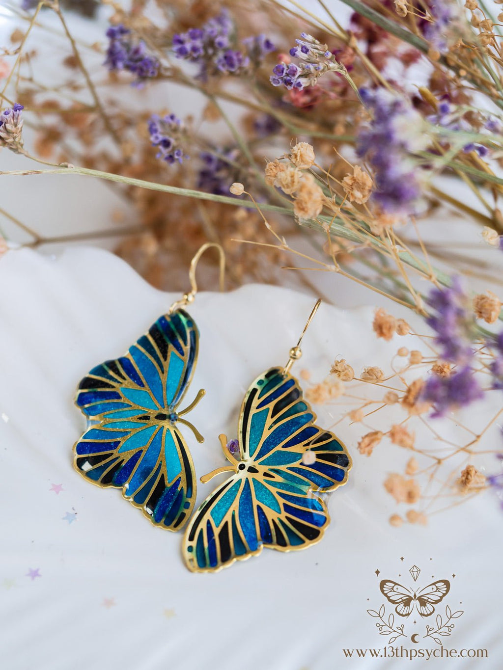 Handmade Blue butterfly earrings,Stained glass inspired - 13th Psyche