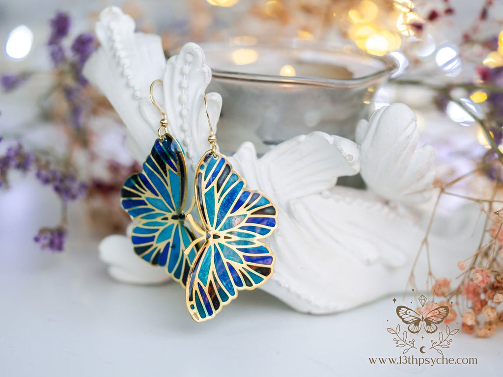 Handmade Blue butterfly earrings,Stained glass inspired - 13th Psyche