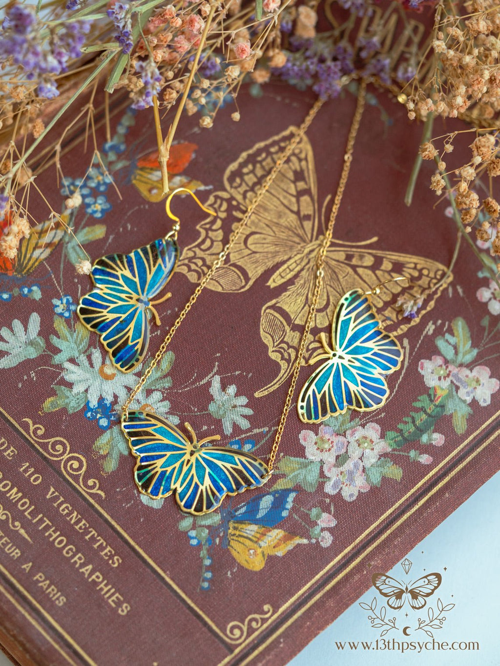 Handmade Blue butterfly earrings,Stained glass inspired - 13th Psyche