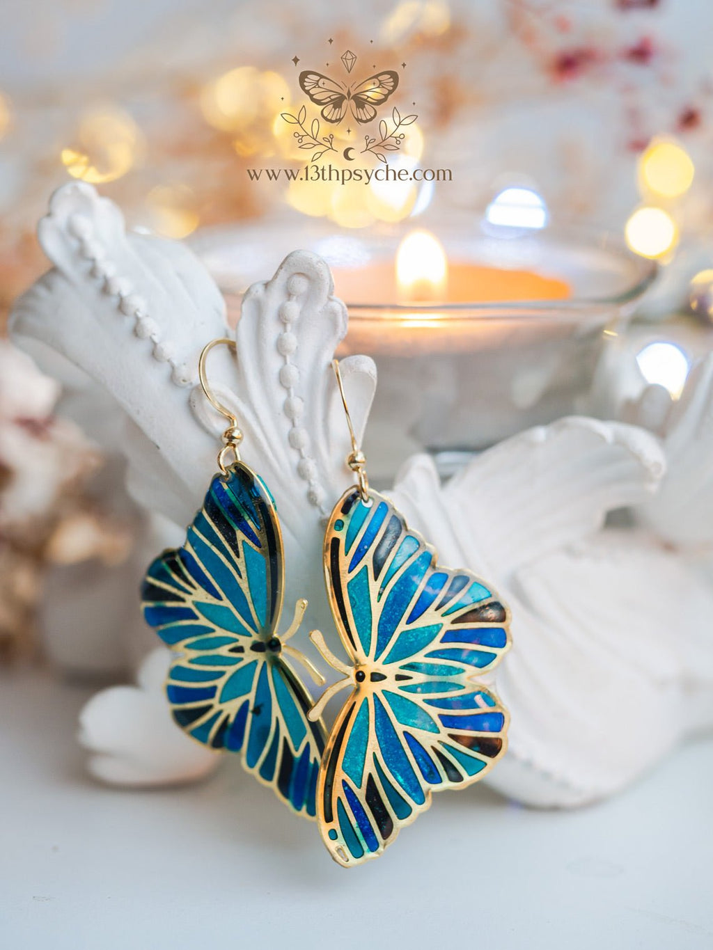 Handmade Blue butterfly earrings,Stained glass inspired - 13th Psyche