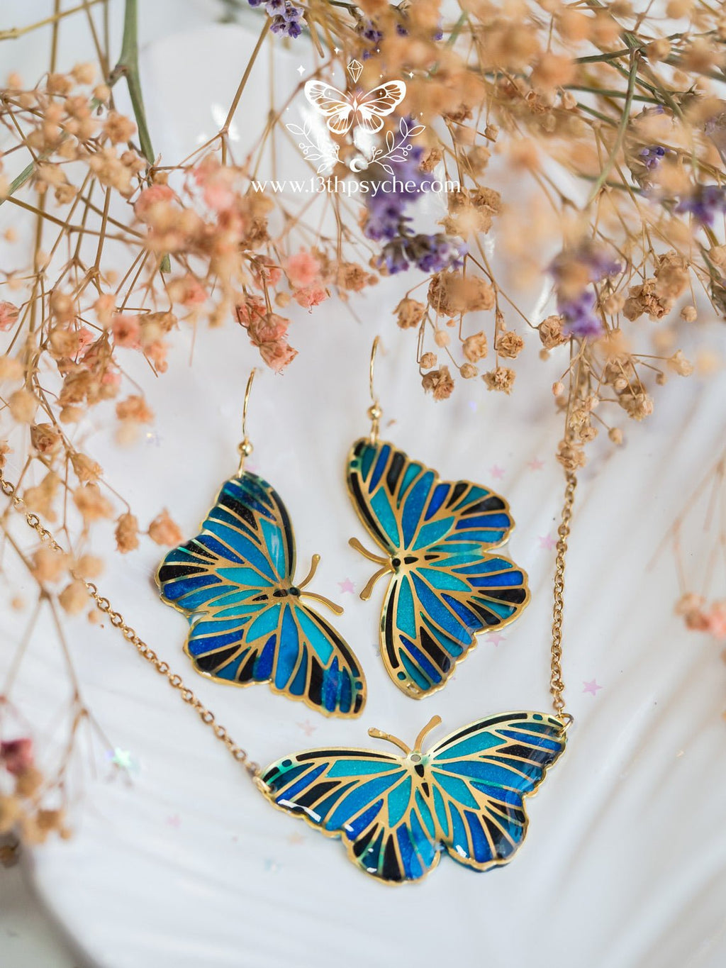 Handmade Blue butterfly earrings,Stained glass inspired - 13th Psyche