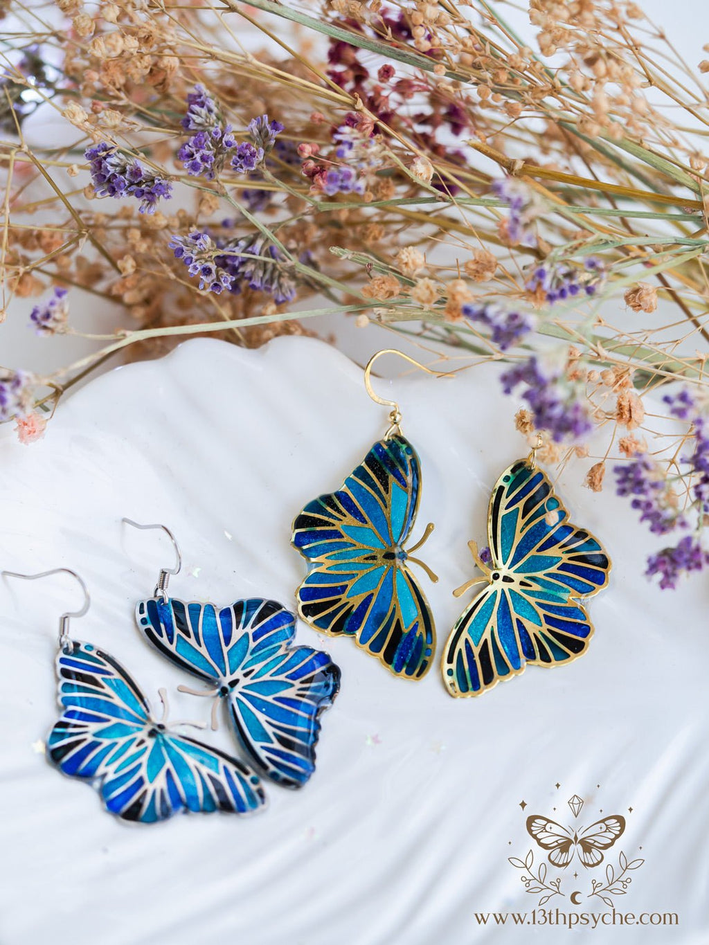 Handmade Blue butterfly earrings,Stained glass inspired - 13th Psyche
