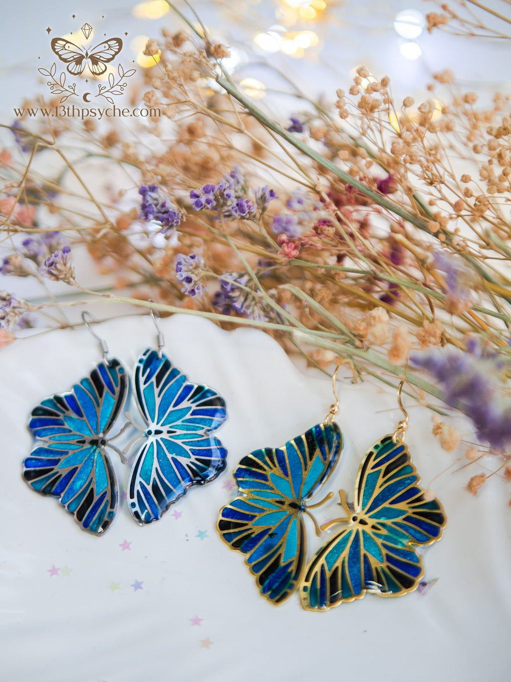 Handmade Blue butterfly earrings,Stained glass inspired - 13th Psyche