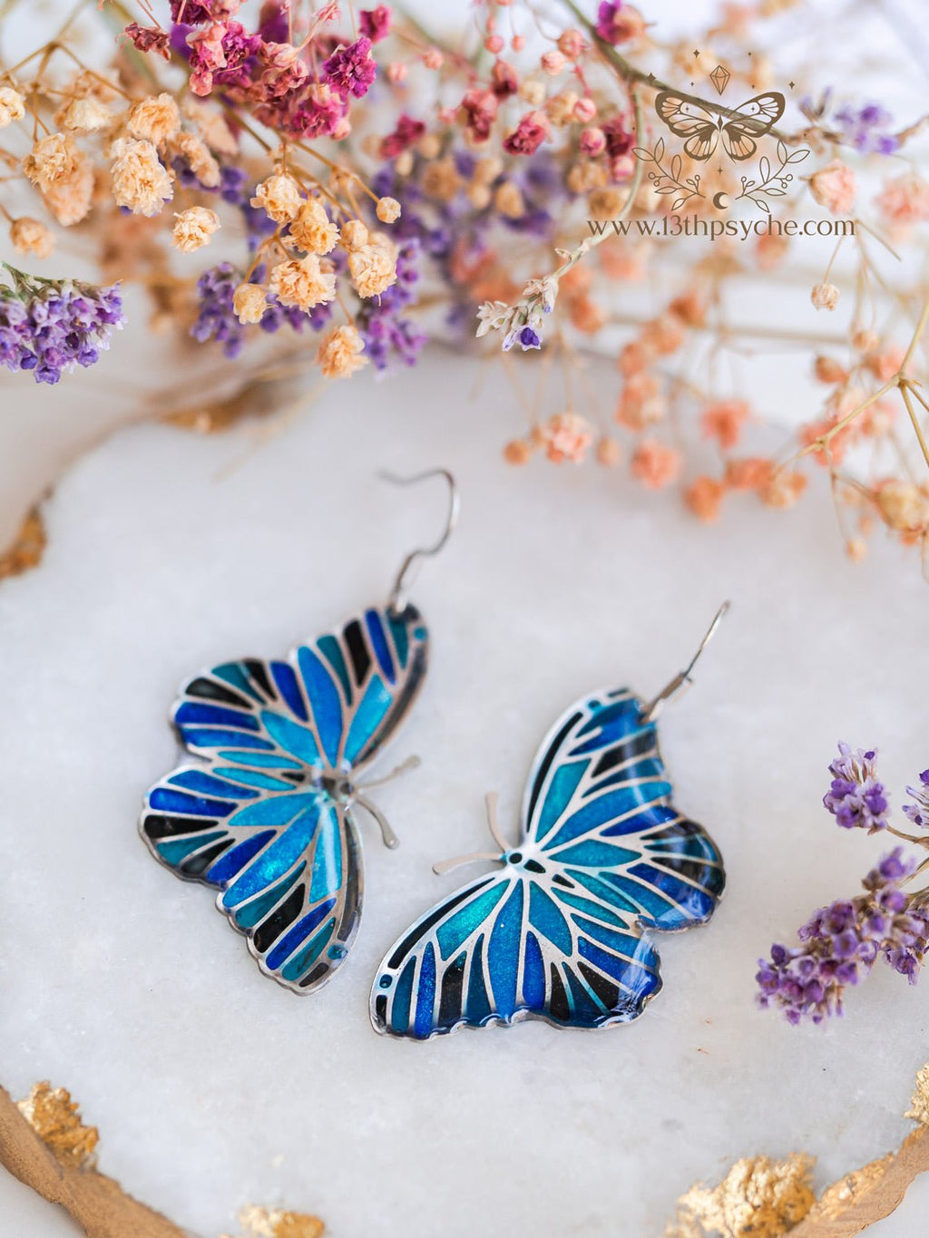 Handmade Blue butterfly earrings,Stained glass inspired - 13th Psyche