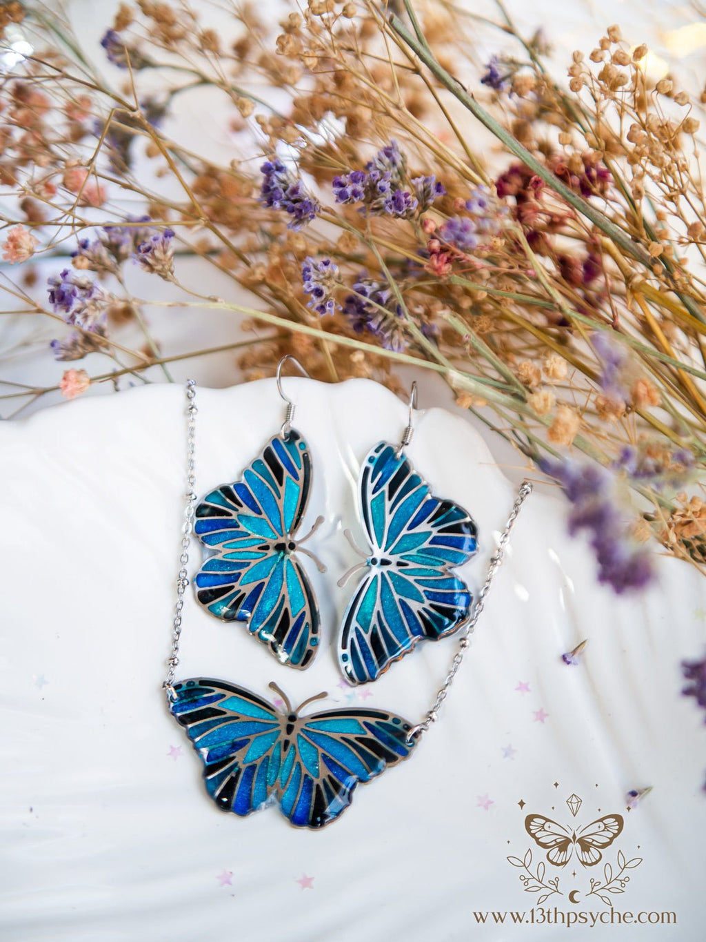 Handmade Blue butterfly earrings,Stained glass inspired - 13th Psyche