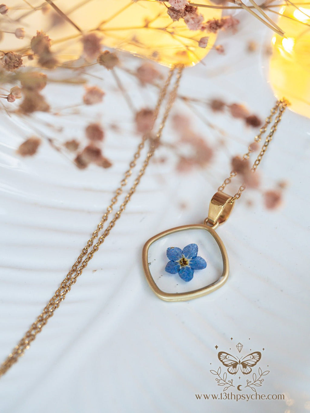 Handmade Blue forget me not flower dainty resin pendant necklace - 13th Psyche
