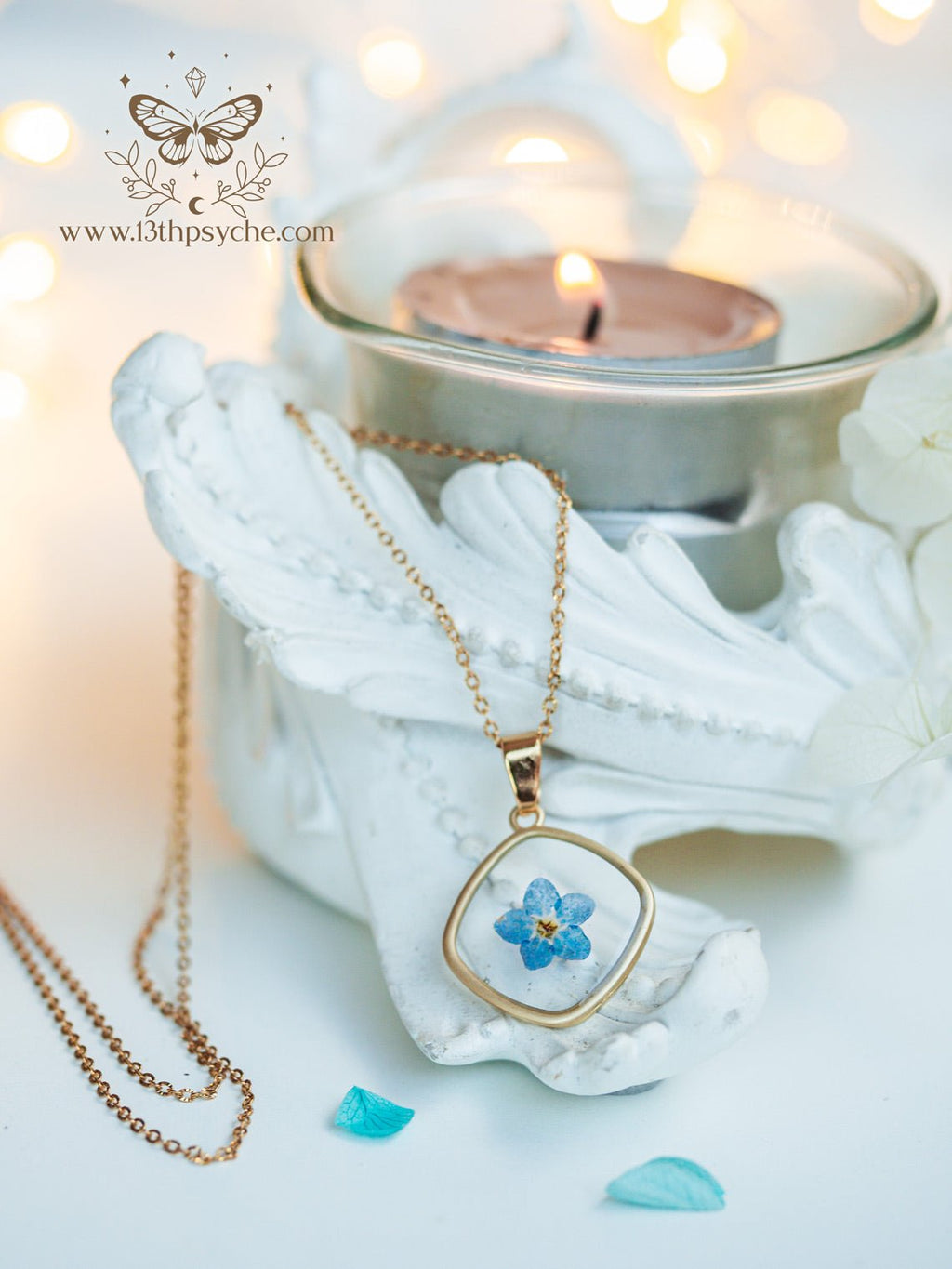 Handmade Blue forget me not flower dainty resin pendant necklace - 13th Psyche