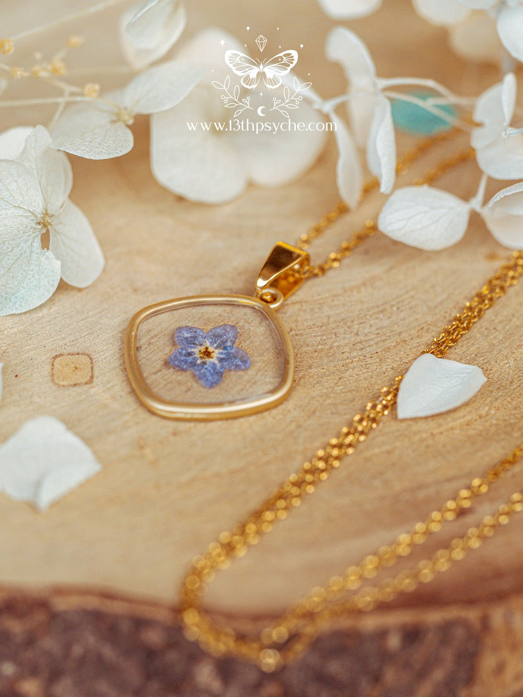 Handmade Blue forget me not flower dainty resin pendant necklace - 13th Psyche