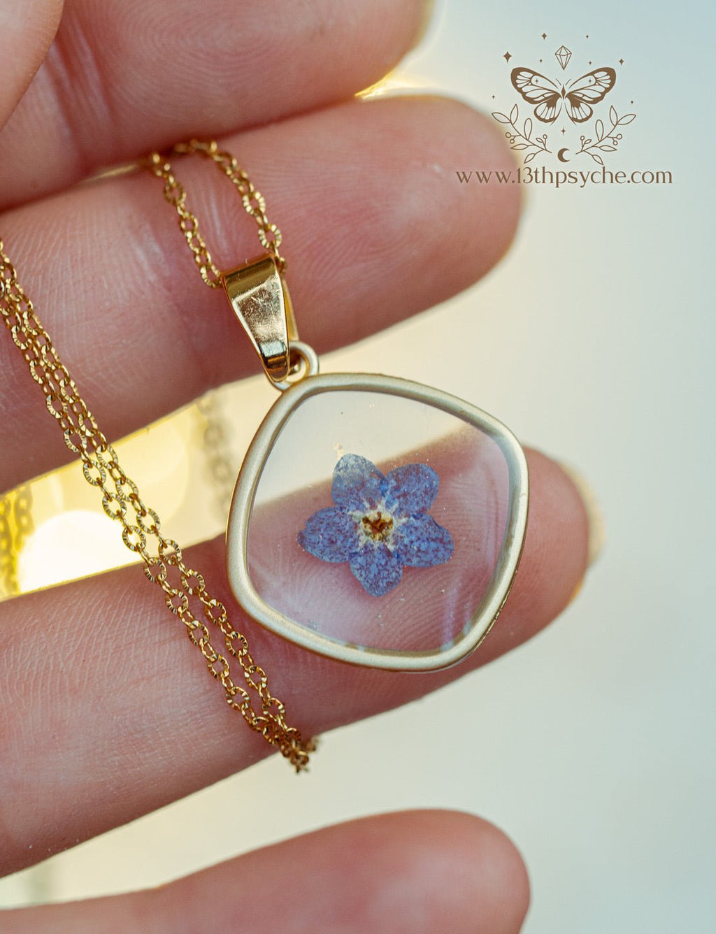 Handmade Blue forget me not flower dainty resin pendant necklace - 13th Psyche