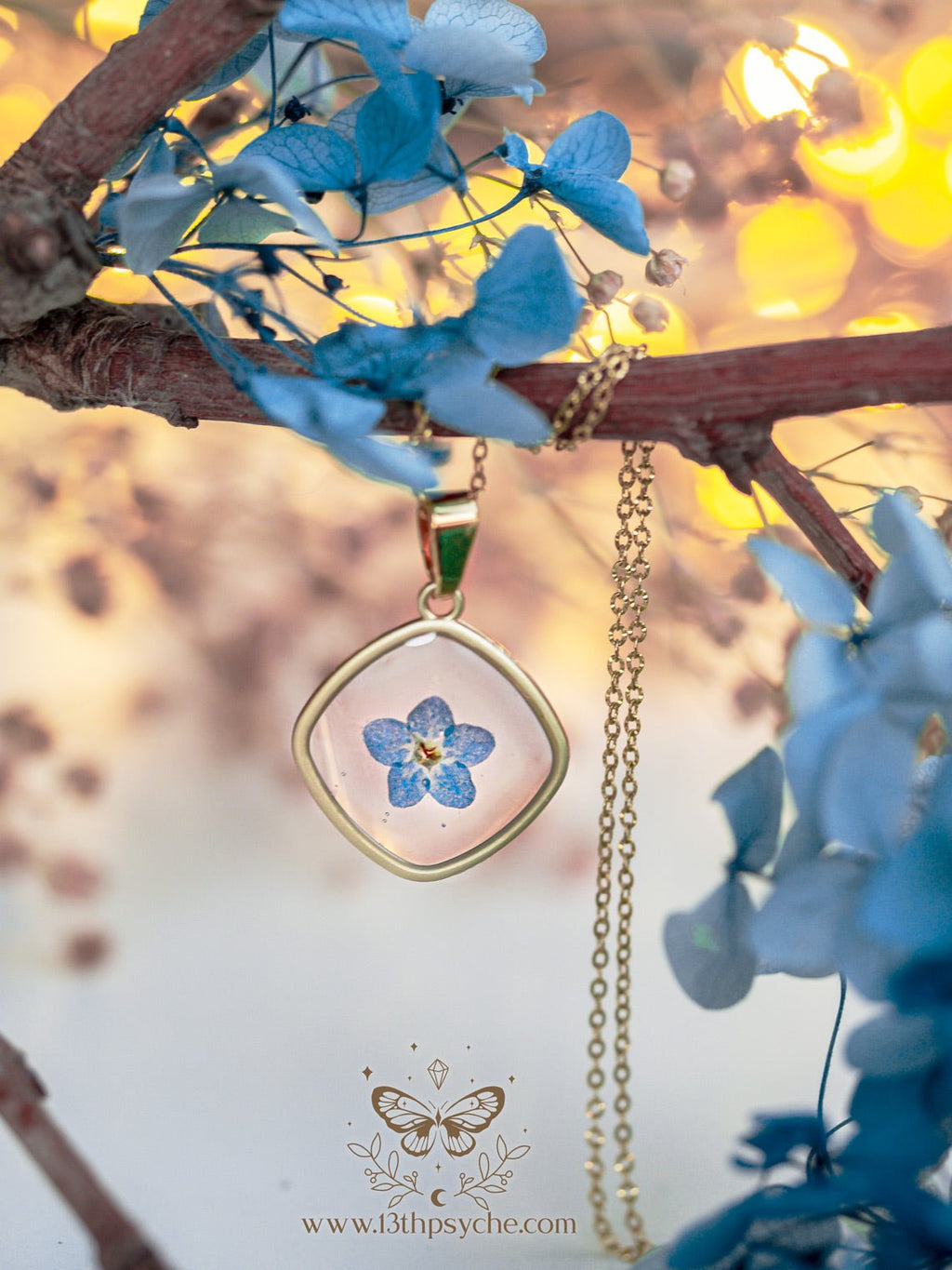 Handmade Blue forget me not flower dainty resin pendant necklace - 13th Psyche