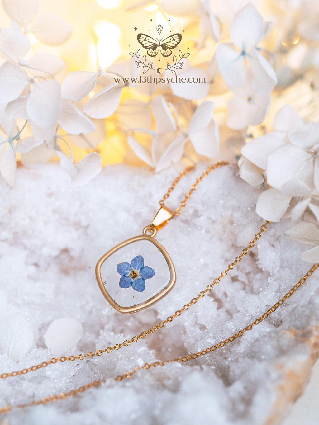 Handmade Blue forget me not flower dainty resin pendant necklace - 13th Psyche