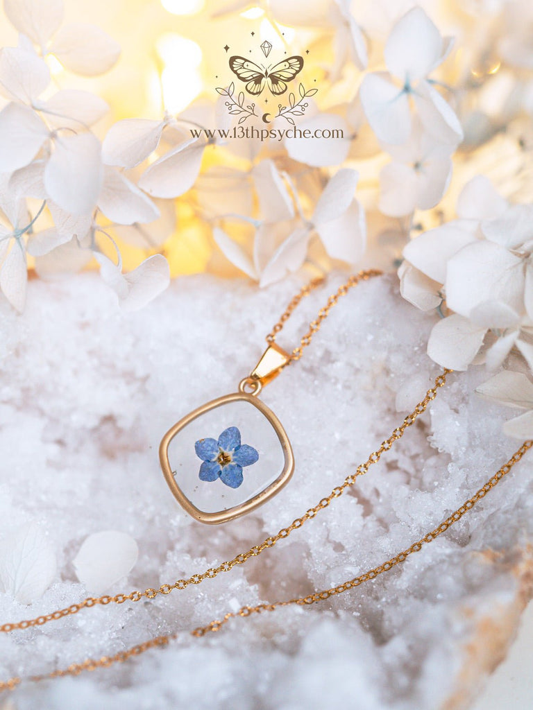 Handmade Blue forget me not flower dainty resin pendant necklace - 13th Psyche