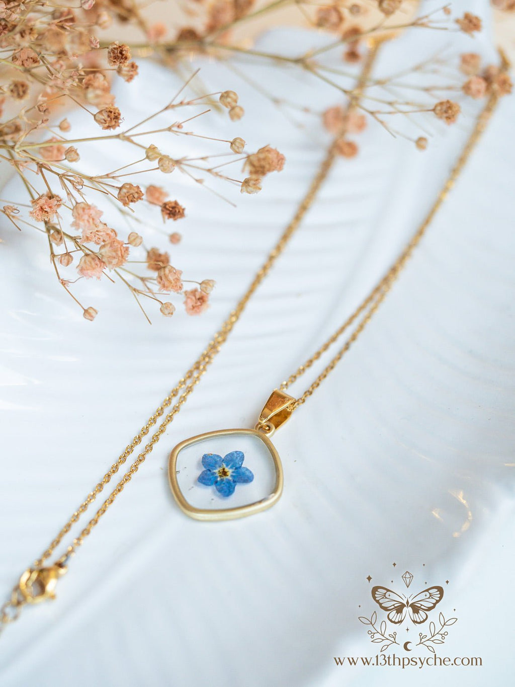 Handmade Blue forget me not flower dainty resin pendant necklace - 13th Psyche