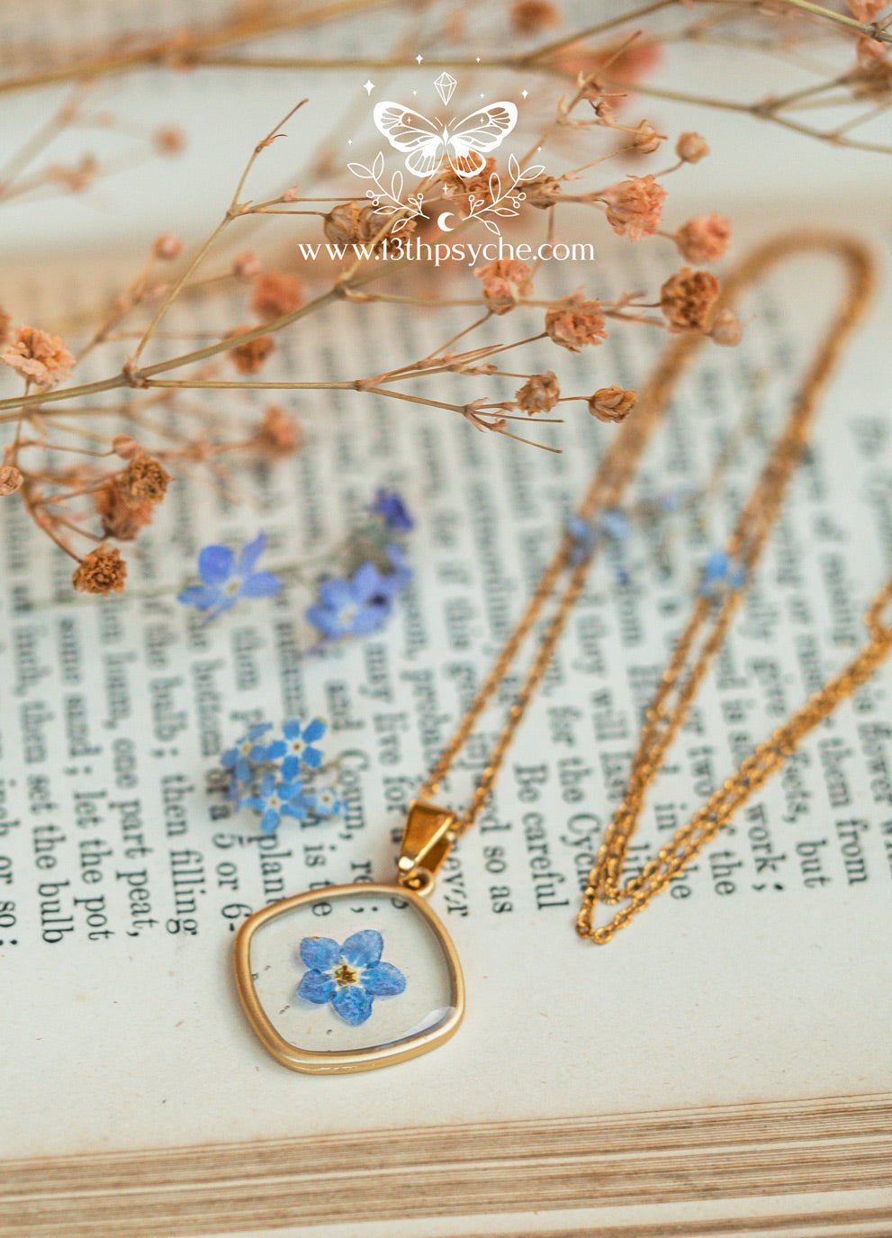 Handmade Blue forget me not flower dainty resin pendant necklace - 13th Psyche