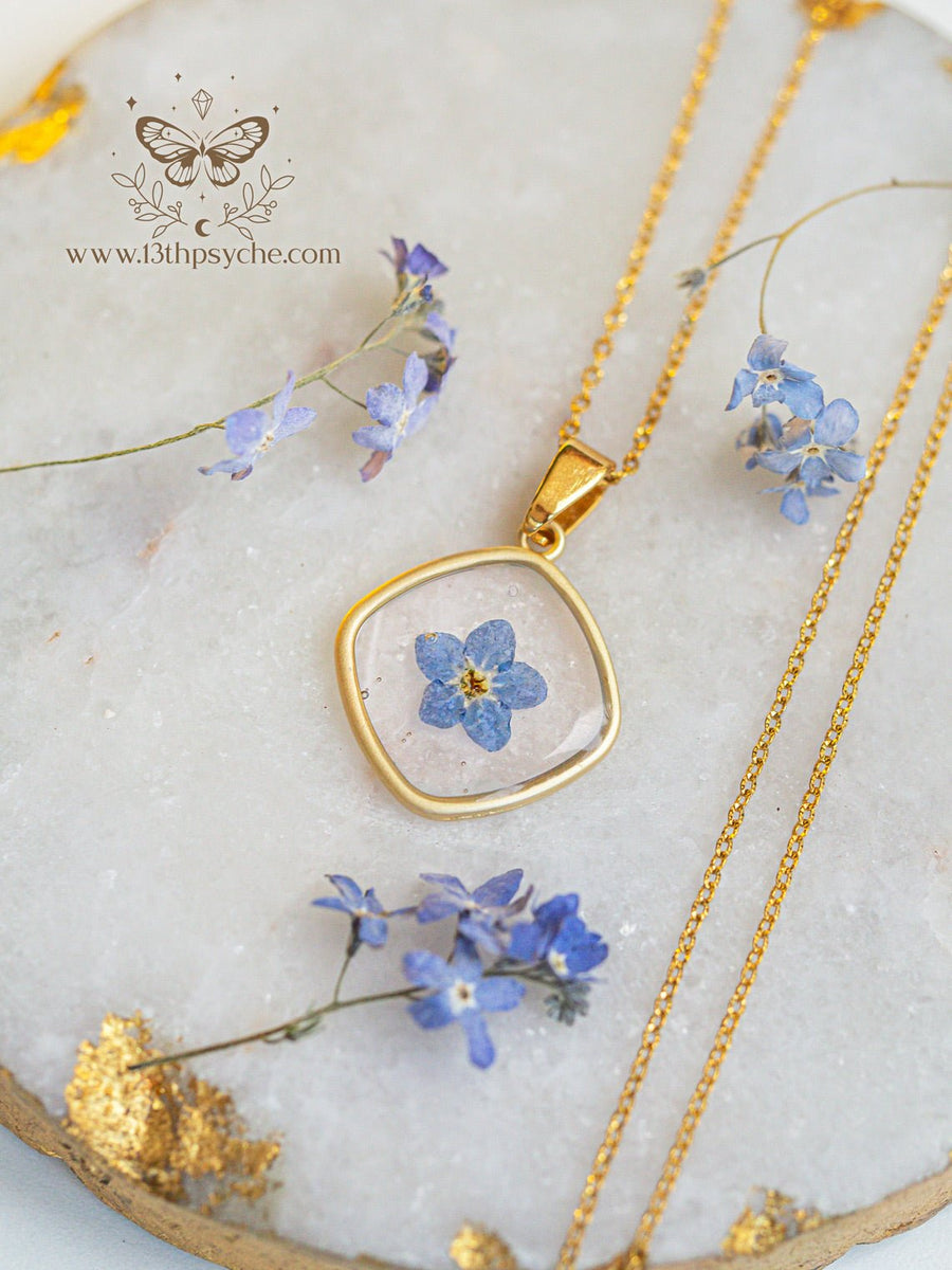 Dainty Resin Pendant Necklace Blue Forget Me Not– 13th Psyche