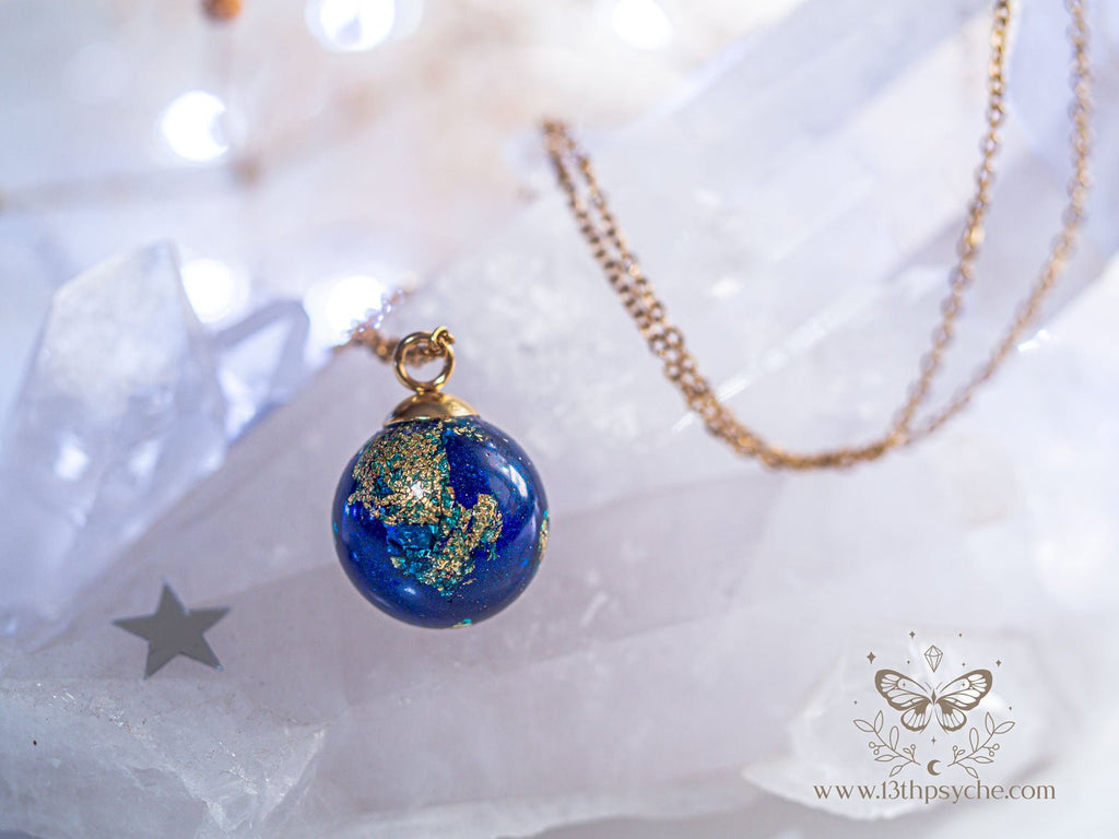 Handmade Blue planet, earth inspired resin ball necklace - 13th Psyche