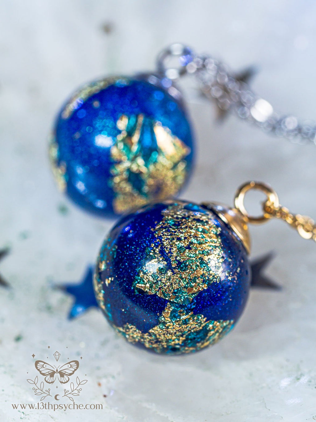 Handmade Blue planet, earth inspired resin ball necklace - 13th Psyche