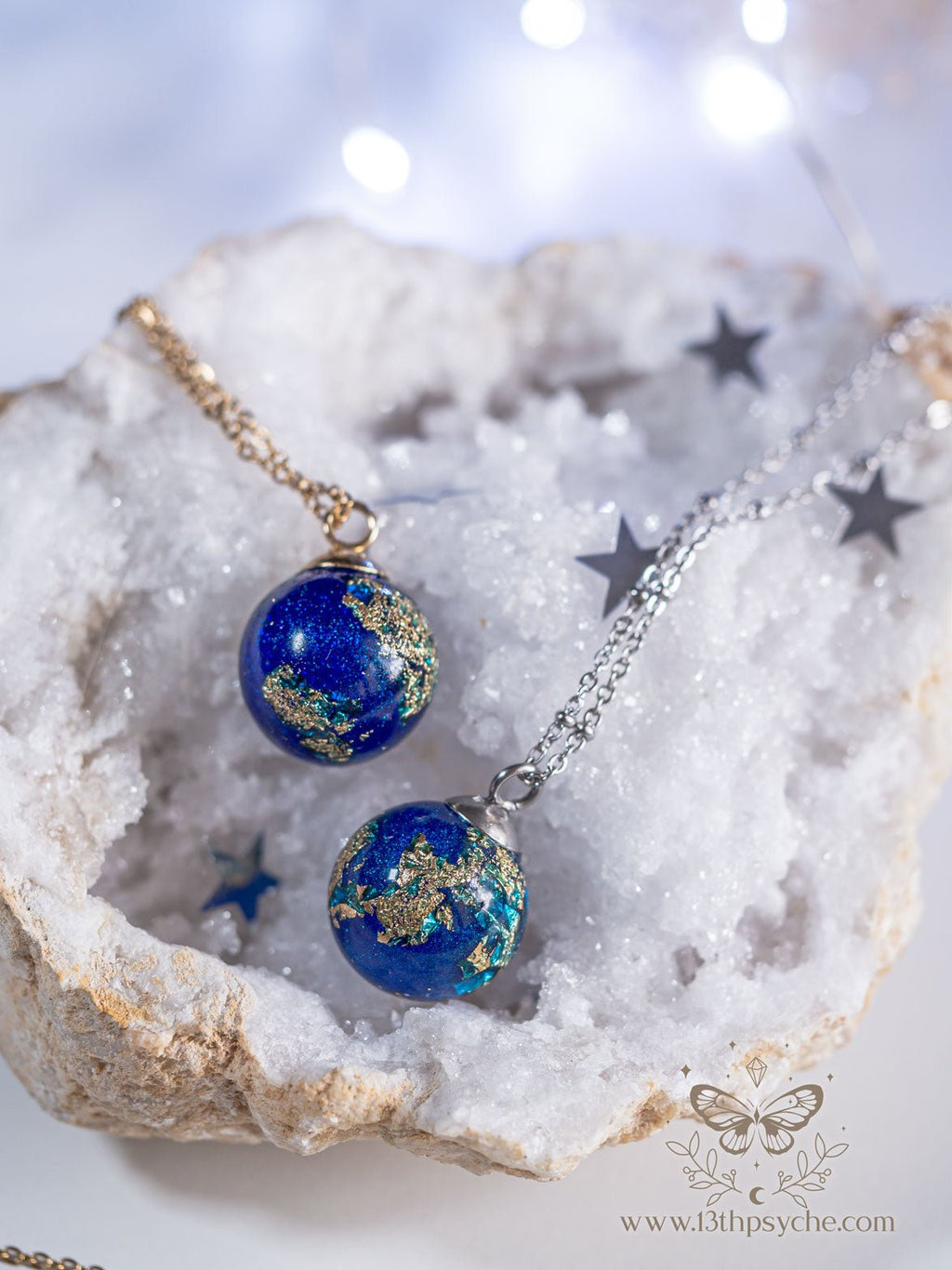 Handmade Blue planet, earth inspired resin ball necklace - 13th Psyche