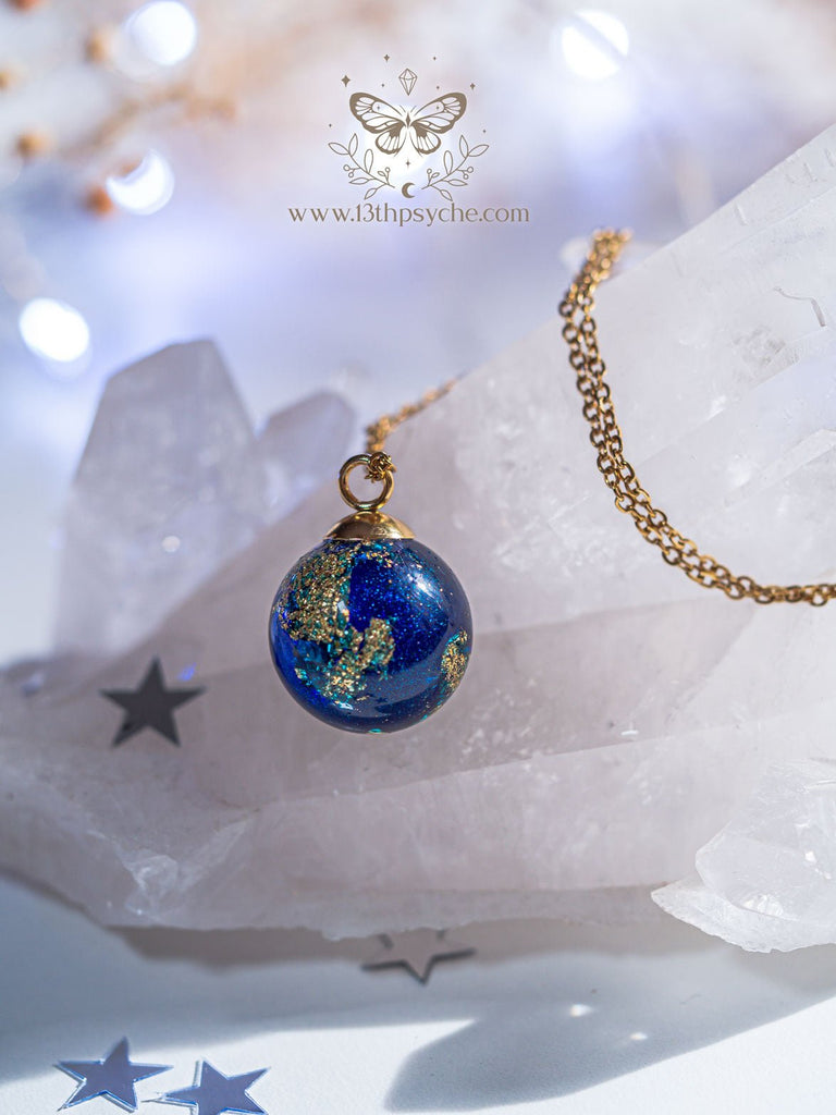 Handmade Blue planet, earth inspired resin ball necklace - 13th Psyche