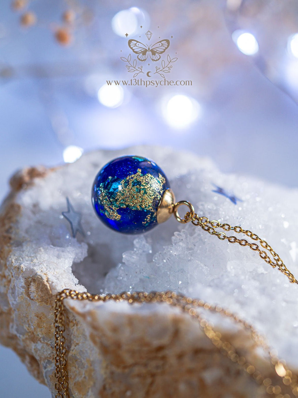 Handmade Blue planet, earth inspired resin ball necklace - 13th Psyche