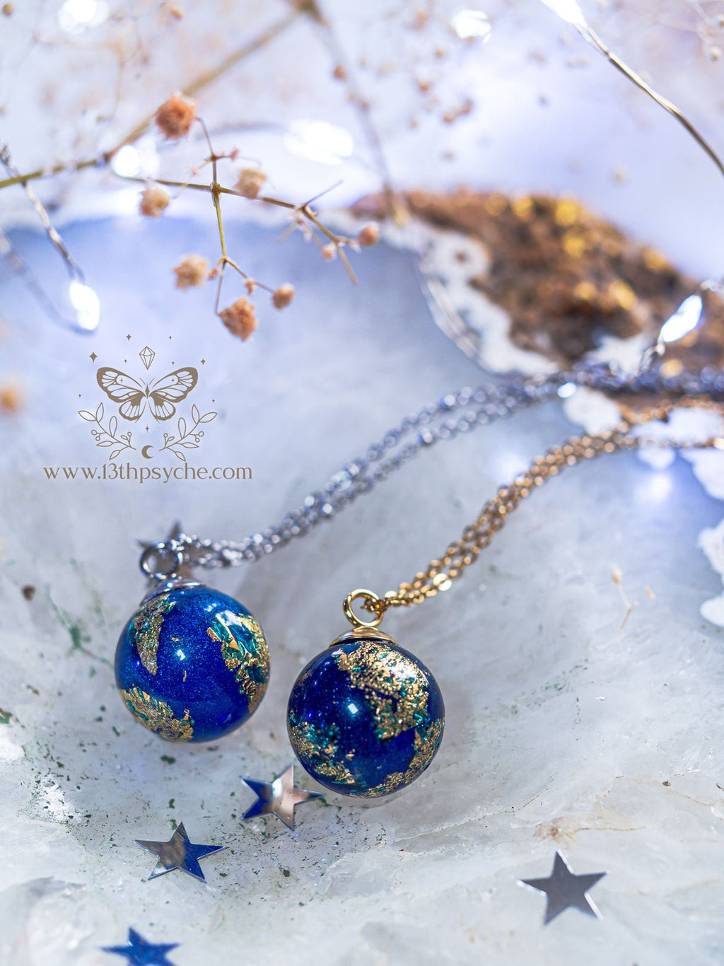 Handmade Blue planet, earth inspired resin ball necklace - 13th Psyche