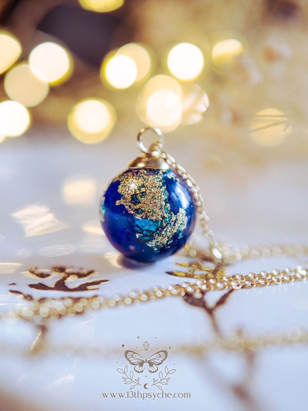 Handmade Blue planet, earth inspired resin ball necklace - 13th Psyche