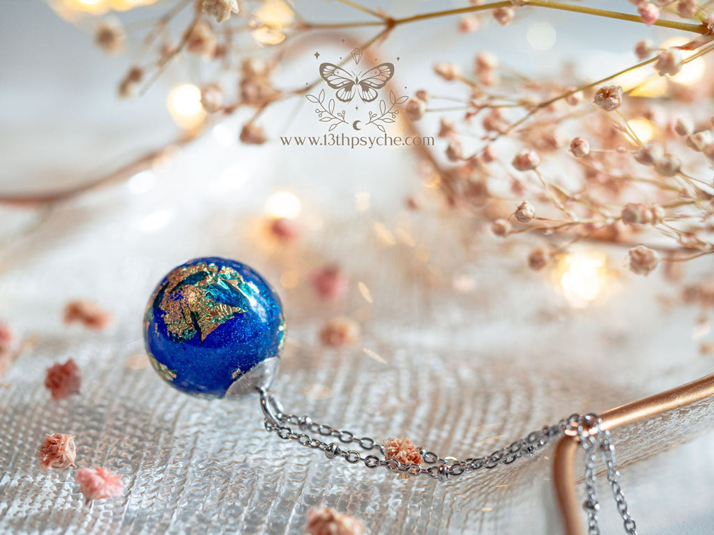 Handmade Blue planet, earth inspired resin ball necklace - 13th Psyche
