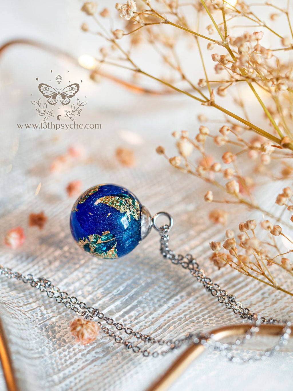 Handmade Blue planet, earth inspired resin ball necklace - 13th Psyche