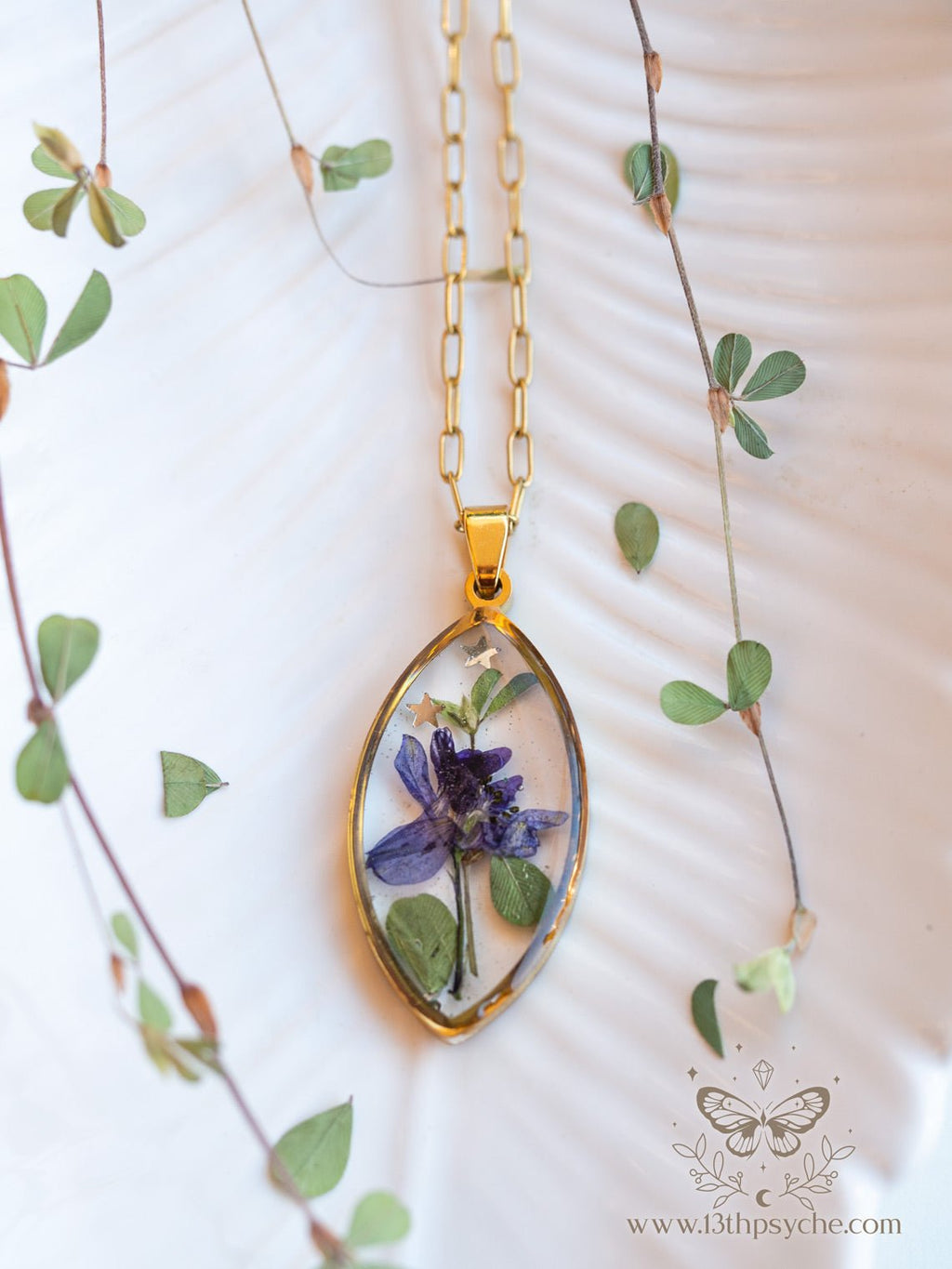 Handmade Blue pressed flower resin pendant necklace - 13th Psyche