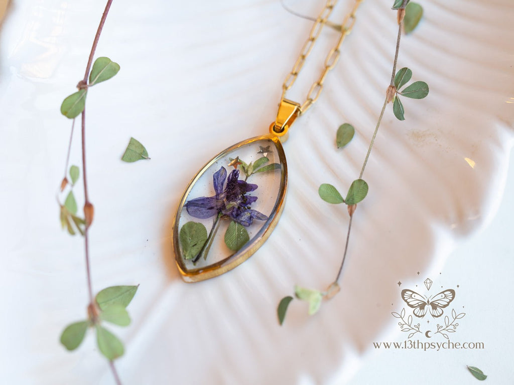 Handmade Blue pressed flower resin pendant necklace - 13th Psyche