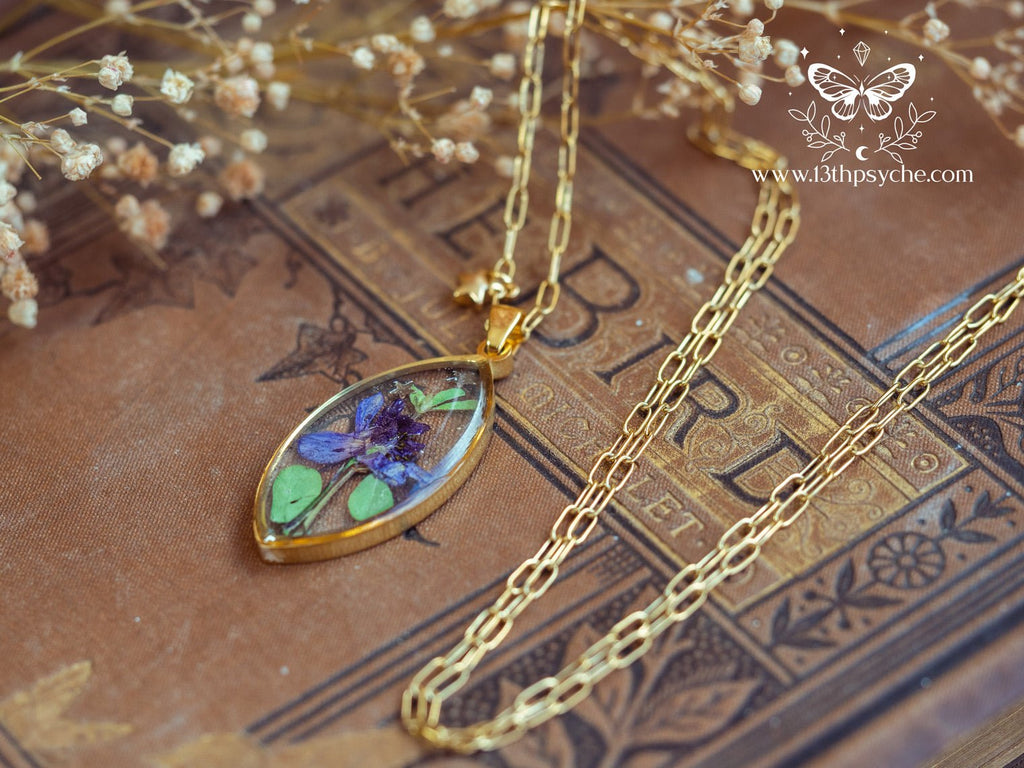 Handmade Blue pressed flower resin pendant necklace - 13th Psyche