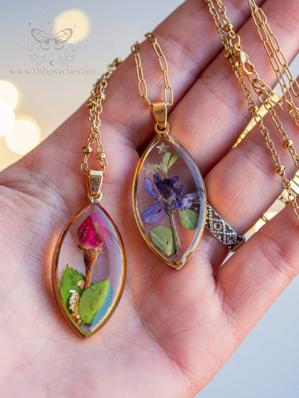 Handmade Blue pressed flower resin pendant necklace - 13th Psyche