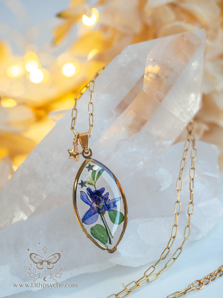 Handmade Blue pressed flower resin pendant necklace - 13th Psyche