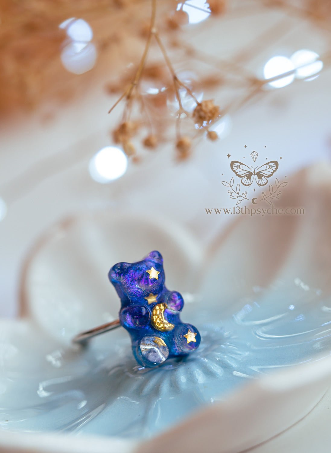 Celestial inspired moon and stars gummy bear ring