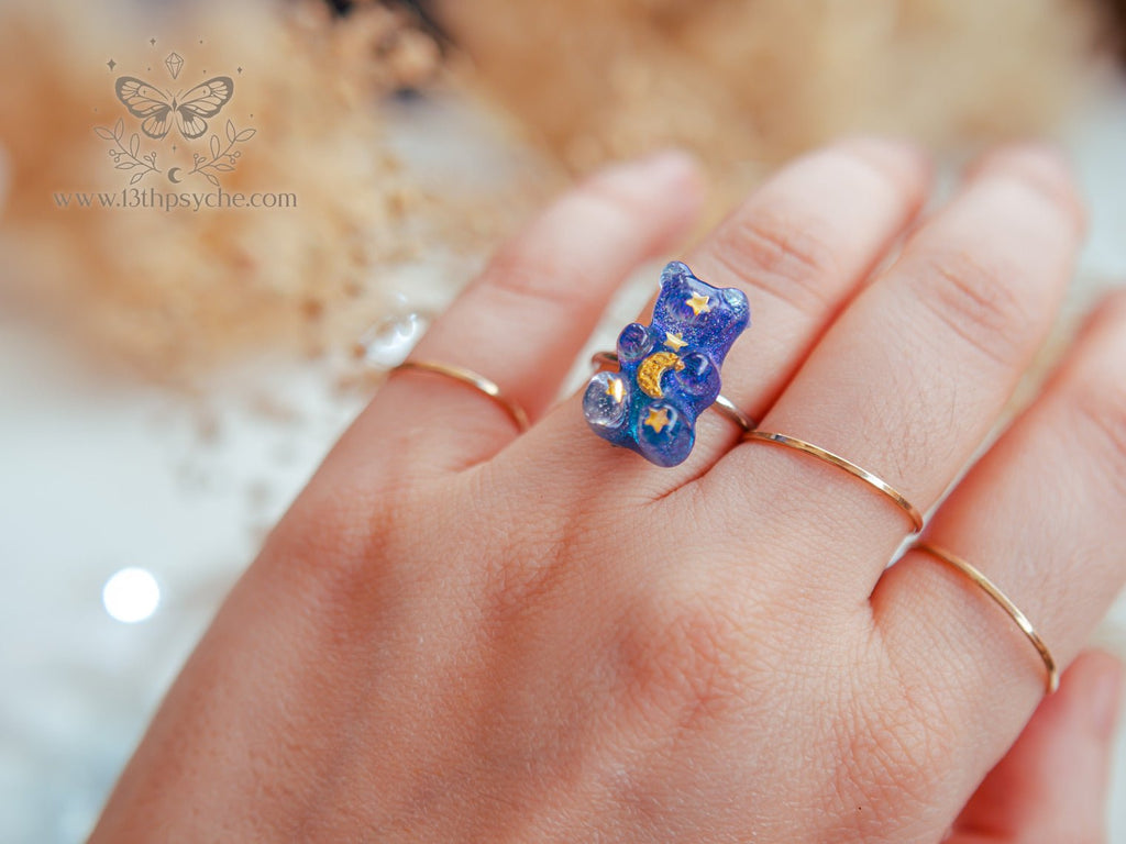 Handmade Celestial inspired moon and stars gummy bear ring - 13th Psyche