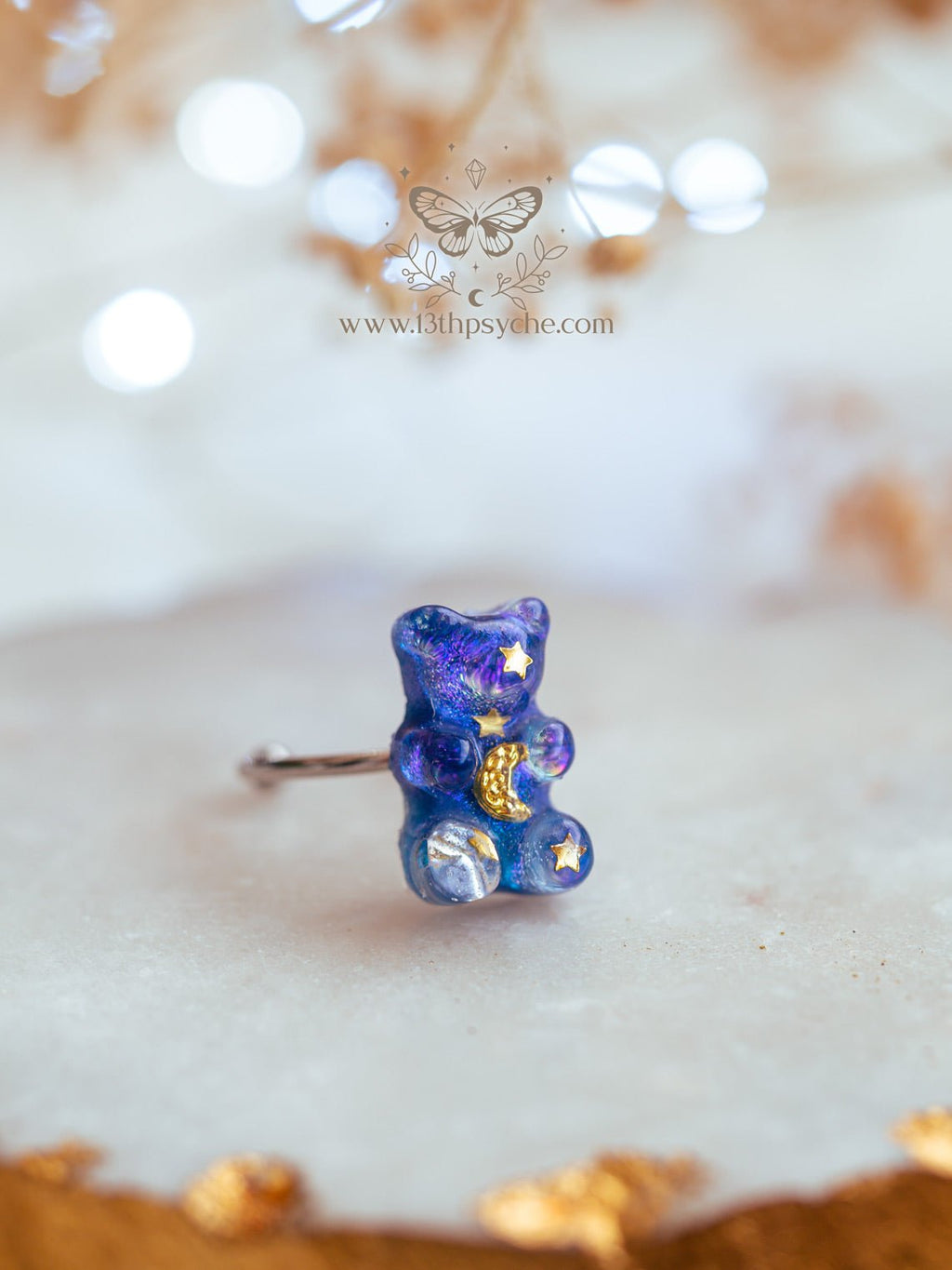 Handmade Celestial inspired moon and stars gummy bear ring - 13th Psyche