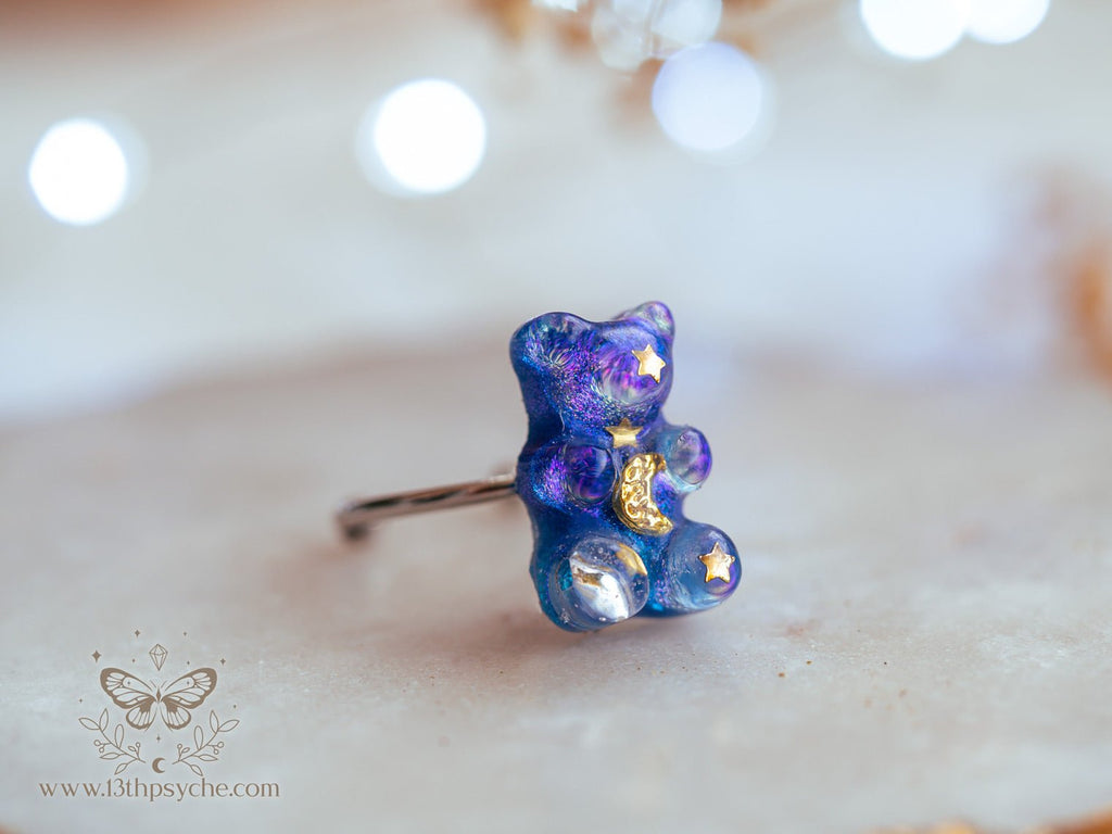 Handmade Celestial inspired moon and stars gummy bear ring - 13th Psyche