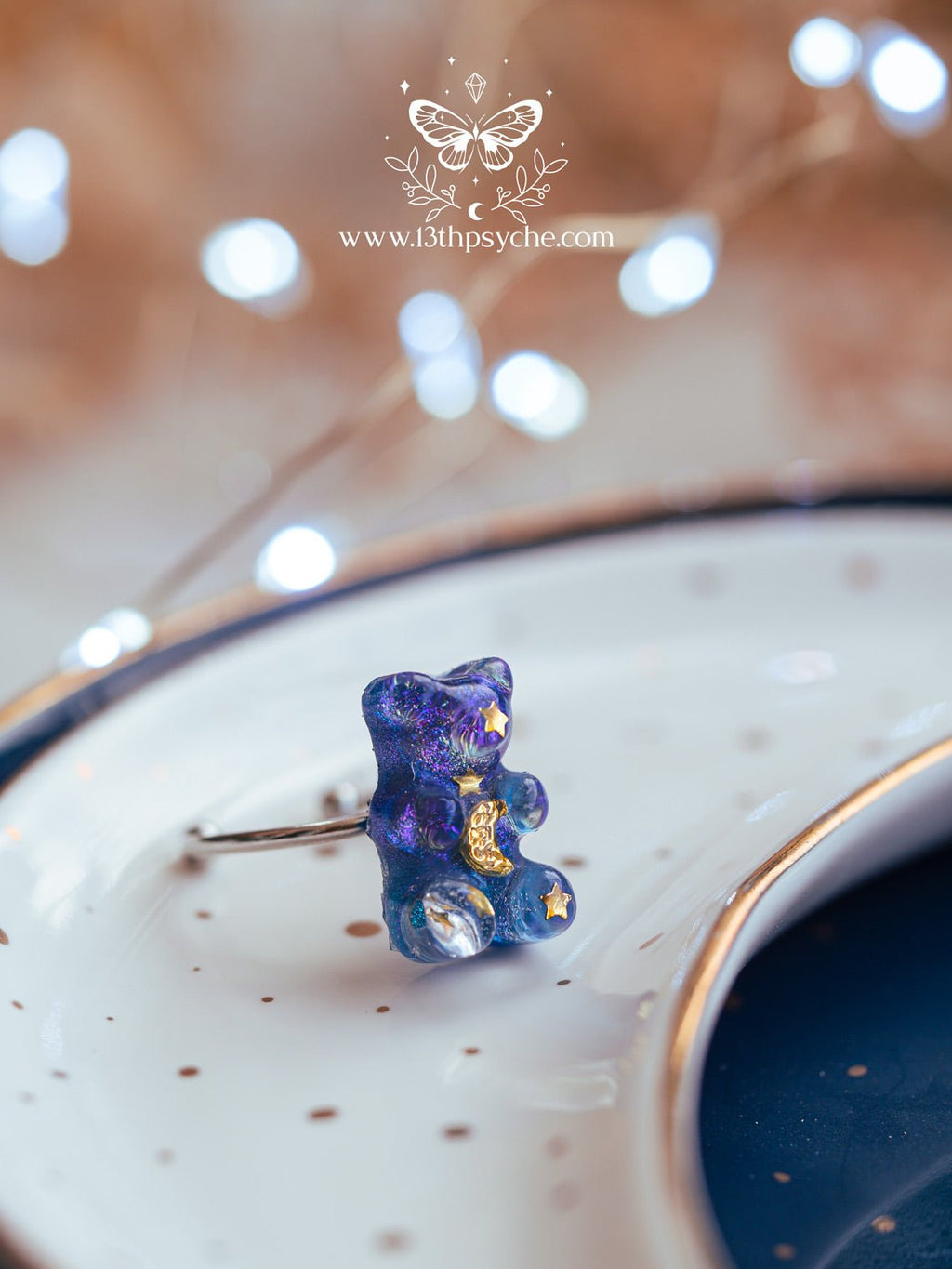 Handmade Celestial inspired moon and stars gummy bear ring - 13th Psyche