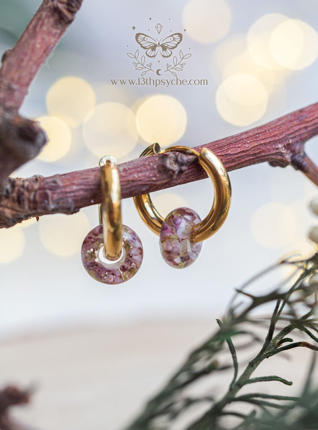 Handmade Chunky donut hoops with dried heather flower resin beads - 13th Psyche