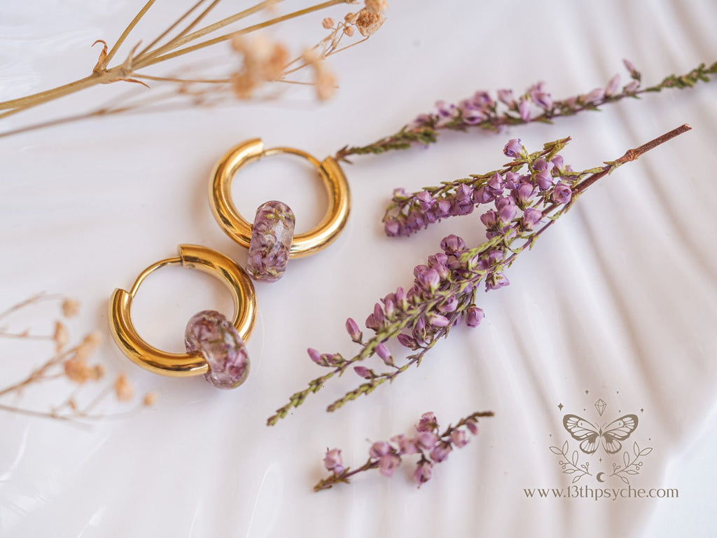 Handmade Chunky donut hoops with dried heather flower resin beads - 13th Psyche