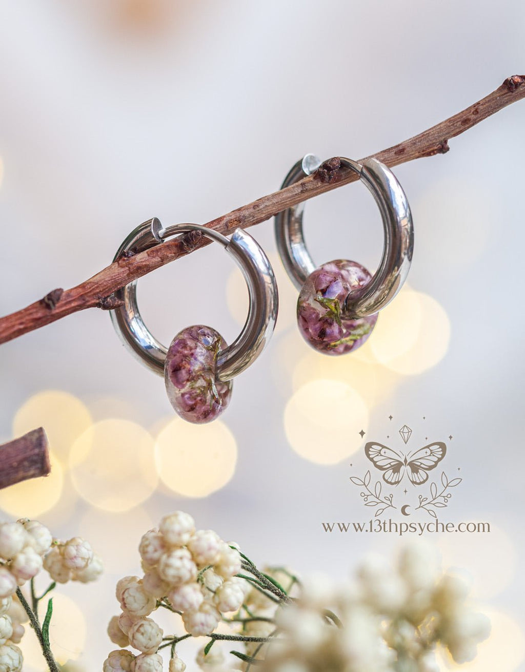 Handmade Chunky donut hoops with dried heather flower resin beads - 13th Psyche