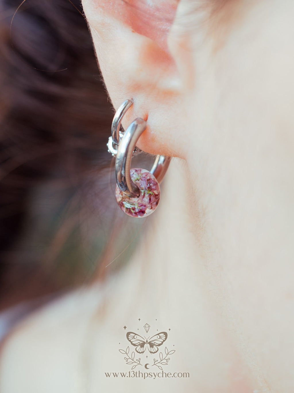 Handmade Chunky donut hoops with dried heather flower resin beads - 13th Psyche