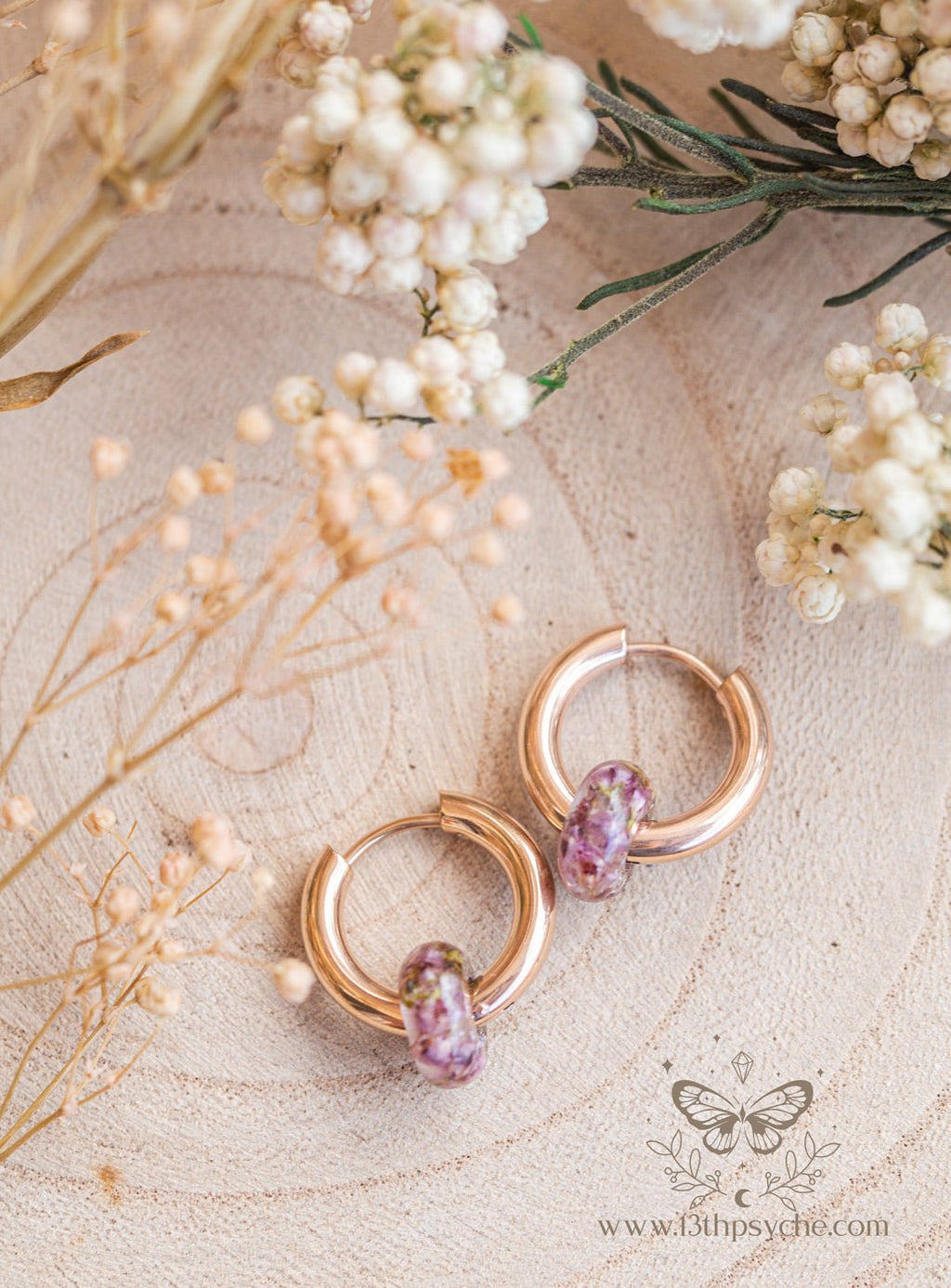 Handmade Chunky donut hoops with dried heather flower resin beads - 13th Psyche