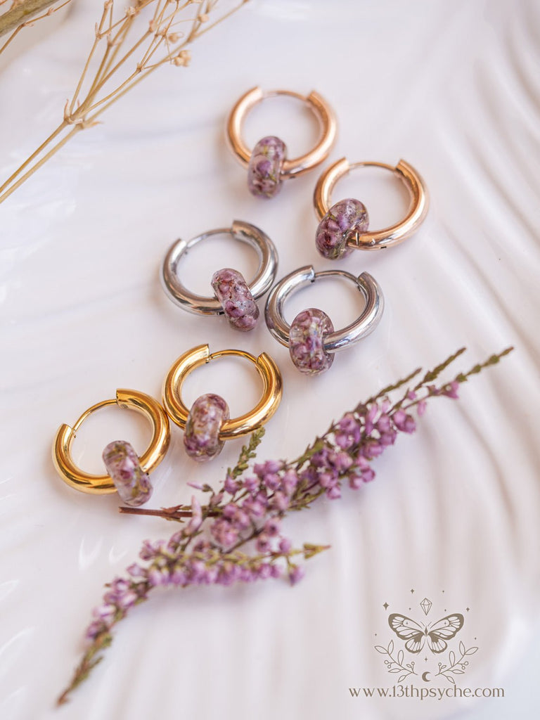 Handmade Chunky donut hoops with dried heather flower resin beads - 13th Psyche